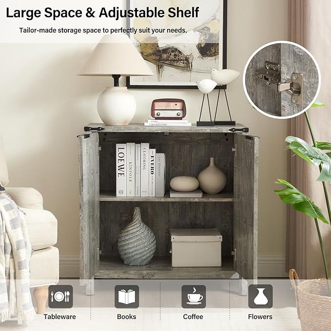 32-inch Fluted Sideboard Cabinet - Rustic Modern Farmhouse Storage Organizer with Adjustable Shelves, Coffee Bar, Entryway Furniture for Kitchen, Living Room (Grey)