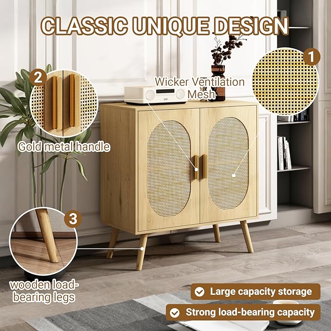 Storage Cabinet with Rattan Doors, Modern Farmhouse Coffee Bar Cabinet, Sideboard Buffet for Living Room, Entryway, Dining Room and Kitchen, Natural (Style one)