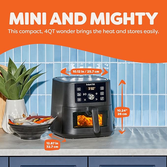 Instant Pot 4Qt VORTEX 6-in-1 Mini Air Fryer, Custom Program Options, Air Fry, Broil, Roast, Dehydrate, Bake, Reheat, Black, 4 Quarts