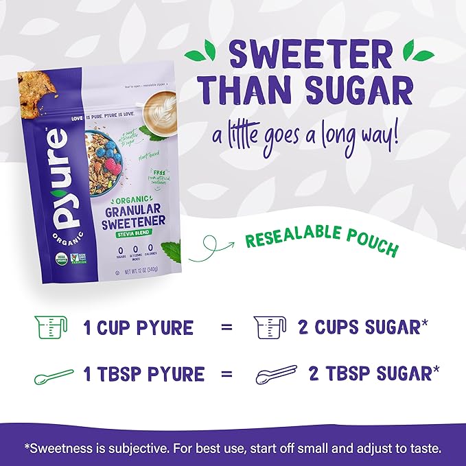 Pyure Organic Stevia Blend | Granulated Sugar Substitute with Zero Calories & Carbs | Keto, Diabetic & Vegan Friendly | Sugary Taste Alternative | USDA Organic, Non-GMO | Good For Baking | 12oz