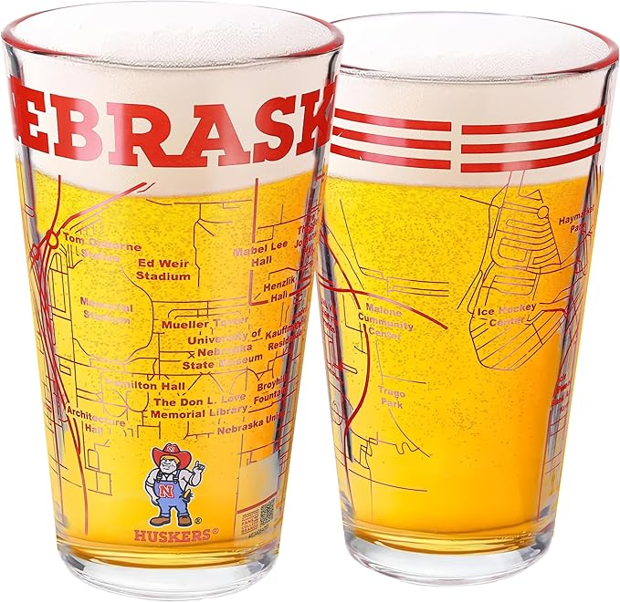 Greenline Goods – University of Nebraska Cornhuskers College Pint Beer Glasses (Set of 2), 16 oz – Full-Color Logo + Campus Map