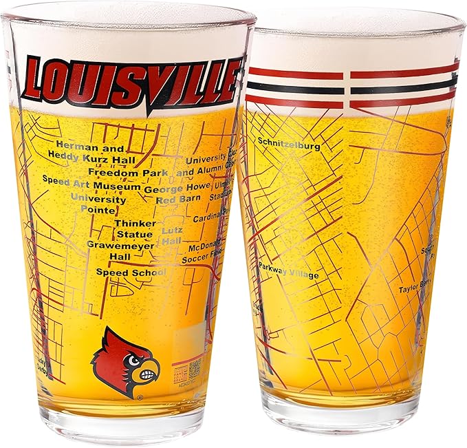Greenline Goods – University of Louisville Cardinals College Pint Beer Glasses (Set of 2), 16 oz – Full-Color Logo + Campus Map
