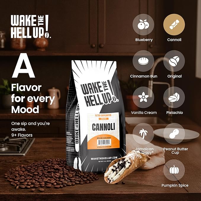 Wake The Hell Up! 1lb Ultra-Caffeinated Cannoli Ground Coffee, Low Acid, Medium-Dark Roast