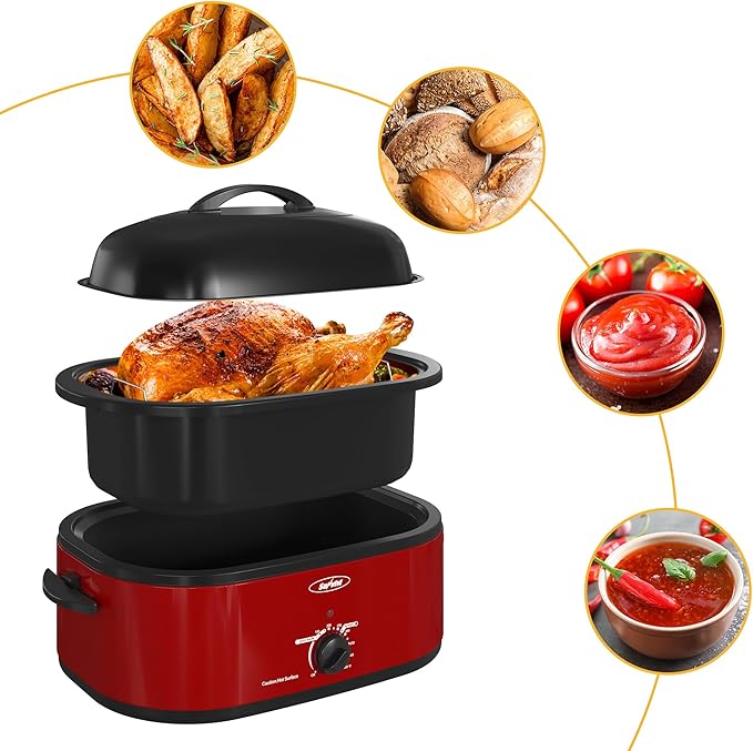 Sunvivi 18-Quart Roaster Oven with Self-Basting Lid, Electric Turkey Roaster Oven with Removable Pan and Rack, Stainless Steel, Red