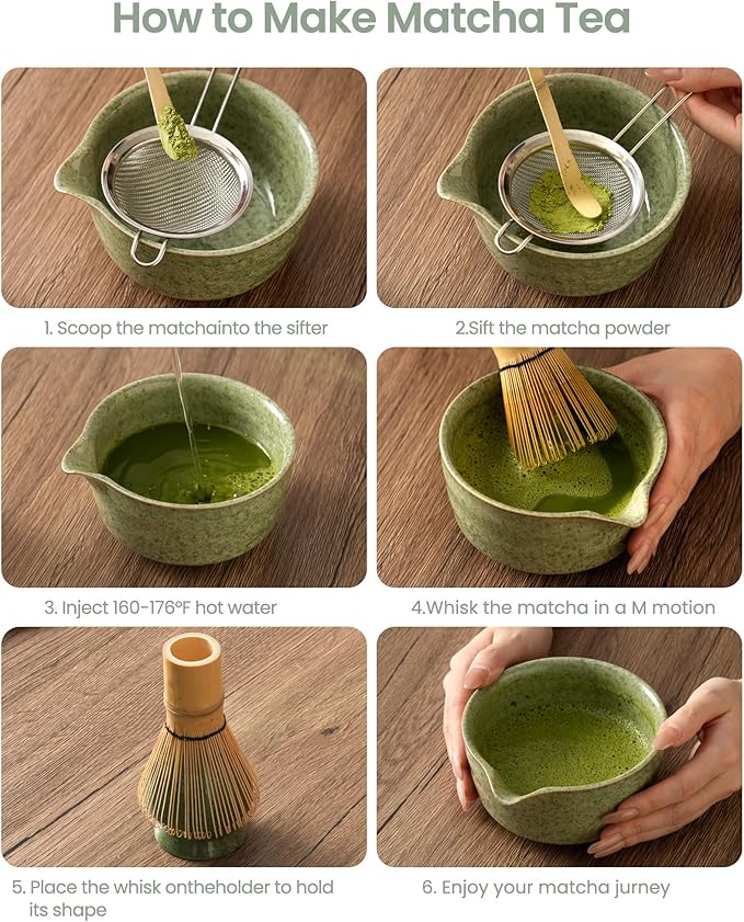 Matcha Whisk Set Ceramic Matcha Kit Set Includes Matcha Bowl, Matcha Whisk and Holder, Bamboo Scoop, Scoop Rest, Sifter and Tea Towel - 7 Pcs Matcha Kit for Matcha Lovers (Matcha Green)