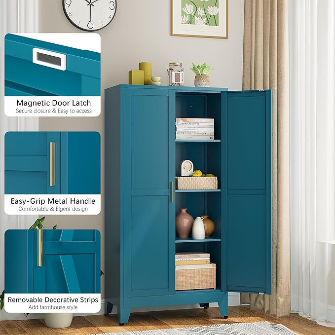 Bathroom Storage Cabinet Freestanding, 61" Tall Metal Cabinets with Doors and Shelves, Blue Metal Pantry Cabinet for Kitchen, Living Room, Home Office