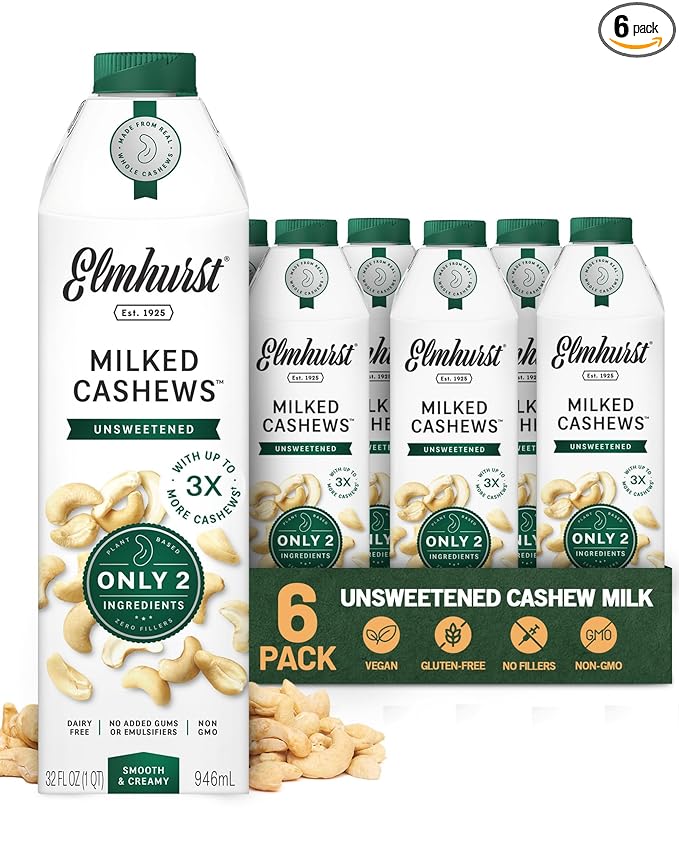 Elmhurst 1925 Cashew Milk Unsweetened - 32 Ounce (Pack of 6) Dairy-Free, Gluten-Free, Vegan, Kosher, Shelf Stable Milk Made with Water & Cashew for Healthier, Simpler Plant-Based Alternatives
