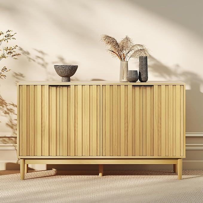 Fluted Cabinet with Storage, Buffet Cabinet Sideborad with 4 Doors, Natural Buffet Storage Accent Cabinets with Adjustable Shelves for Living Room, Entry, Hallway, Kitchen