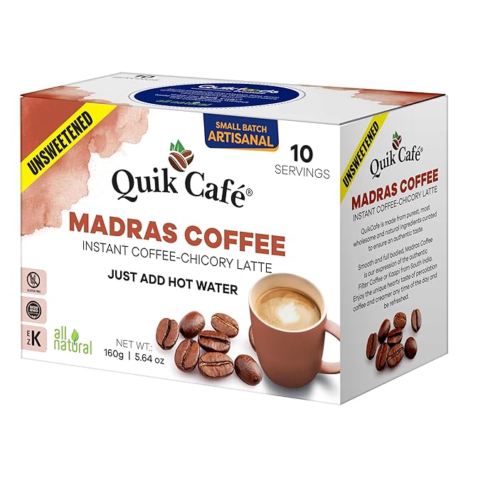 QuikCafé Madras Unsweetened Coffee – 10 Count, Instant Herbal Blend with Natural Ingredients, Caffeine-Light, Preservative-Free – Just Add Hot Water