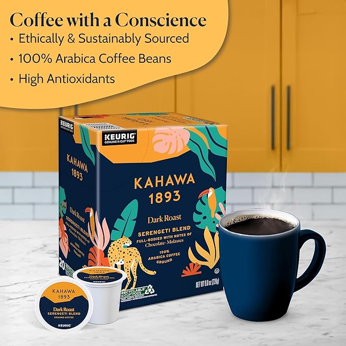 Kahawa 1893 Dark Roast Coffee K-Cup Pods Serengeti Blend (60 Count) - As Seen on Shark Tank, Low Acid, High Antioxidants, Naturally Sweet, Organically Grown, Ethically & Sustainably Sourced