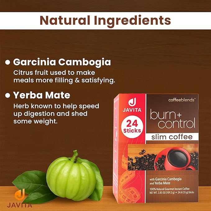 Javita Burn + Control Instant Coffee – Smooth Arabica, Robusta Blend with Garcinia & Yerba Mate – Supports Metabolism & Daily Energy – Convenient Slim-Style Coffee Mix (1 box/24 serv.)