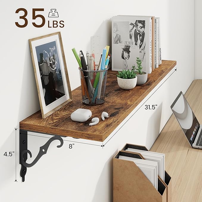 RICHFOCUS Floating Shelves for Wall Decor, 31.5W x 8D Shelves Set of 2, 8" Deep Rustic Wood Floating Shelves Wall Mounted with Brackets, Shelves for Living Room Bedroom Kitchen, Rustic Brown