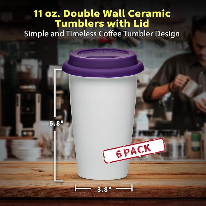 DISCOUNT PROMOS 11 oz. Double Wall Ceramic Tumblers with Lid - 6 Pack - Purple
