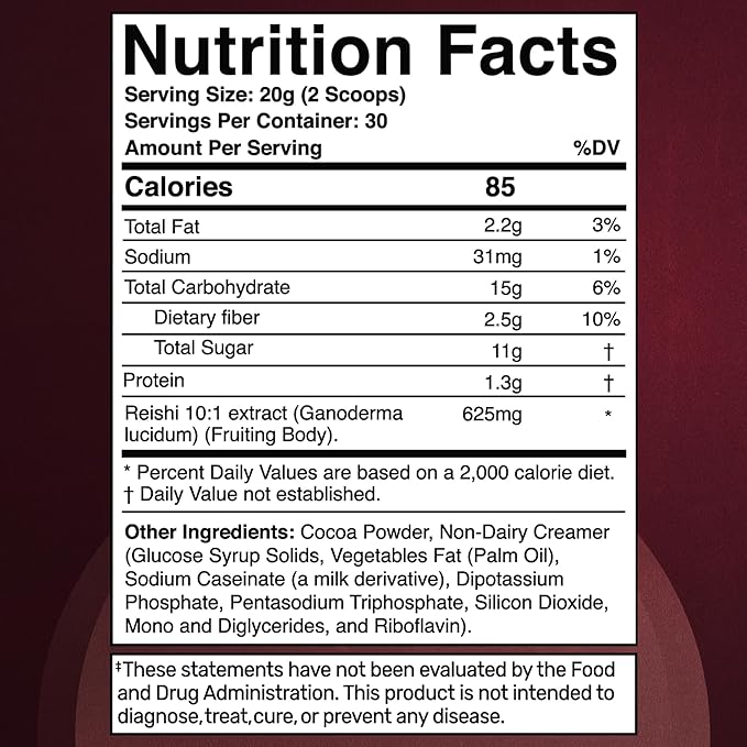 Mushroom Hot Chocolate Powder with Reishi 10:1 Extract, Hot Cocoa Powder Caffeine-Free Mushroom Coffee Alternative - Adaptogenic Superfood Drink for Focus, Relaxation, and Mood Support - 30 Servings