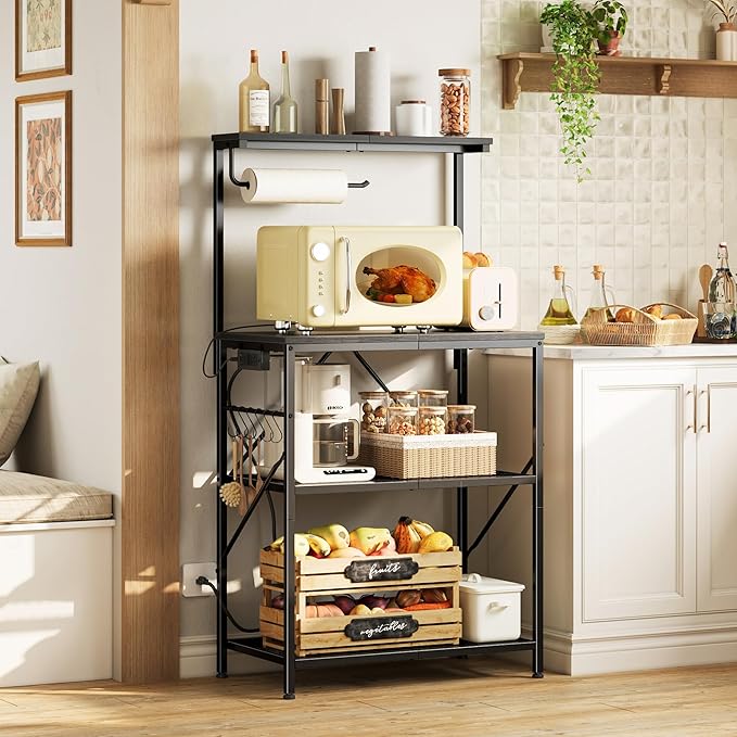 Huuger 4-Tier Bakers Rack with Reversible Power Outlet, 23.6 Inch Microwave Stand, Kitchen Coffee Bar, with Top Shelf, 6 S Hooks, Black