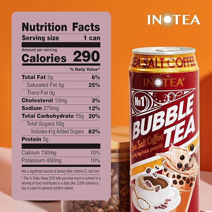 Inotea Bubble Tea with Tapioca Pearls - Delicious, Instant Boba Tea - Ready-to-Drink Black Milk Tea - Comes in Large 16.6 oz Cans - Enjoy Real Boba Without the Long Lines - Sea Salt Coffee - 12 pack