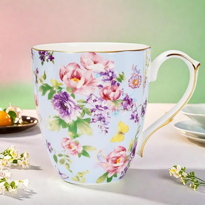 13oz Bone China Floral Mug with Gold Bone China Coffee Mugs Bone Teacup Christmas Mugs Birthday Gifts for Women Mom Friends Coworker