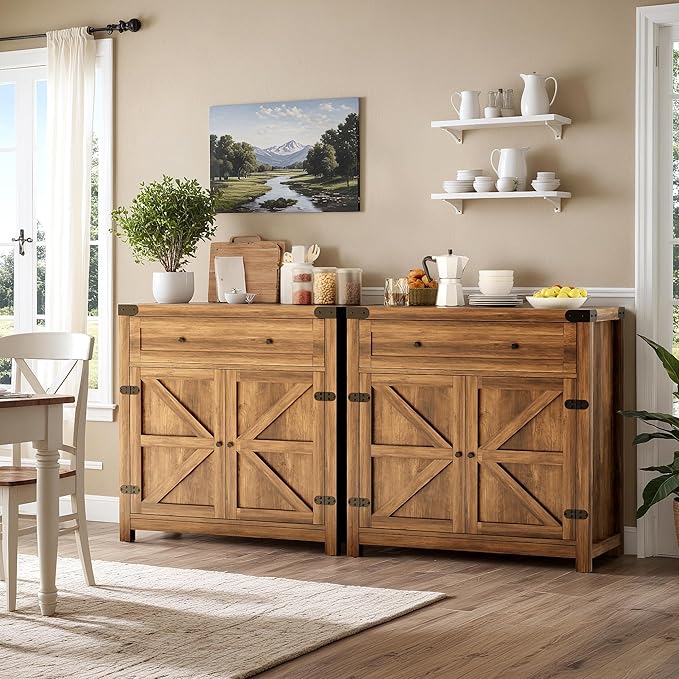YESHOMY Coffee Bar and Accent Cabinet, Farmhouse Barn Door Buffet Sideboard with Drawer and Adjustable Shelf, Wide Desktop for Kitchen, Dining Room, Bathroom, Entryway, Brown＆Rustic