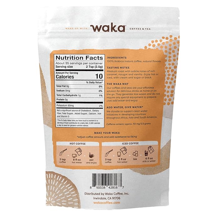 Waka Premium Instant Coffee — Butterscotch Vanilla Flavored — 100% Arabica Freeze Dried Beans — For Hot or Iced Coffee (3.5 Ounces Pouch)