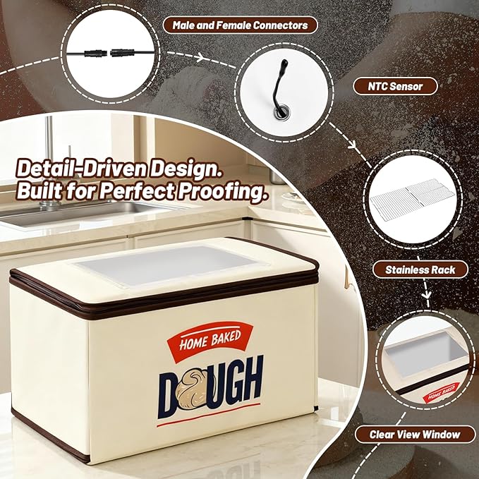 Upgraded Folding Bread Proofing Box with 3-Sided Heating, Built-in NTC Sensor & Precise 68-104°F Temp Control, 48H Timer, Metal Rack –Family-Size Dough Proofer for 2 Loaves, Sourdough & Pizza