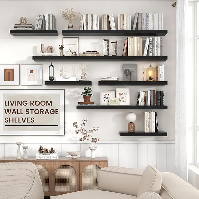 Floating Shelves for Wall, Engineered Wood Wall Shelves with Invisible Brackets for Living Room Bedroom Bathroom Office Kitchen Decor and Storage (Black, 24" W x 9" D x 1.5" H) Set of 2
