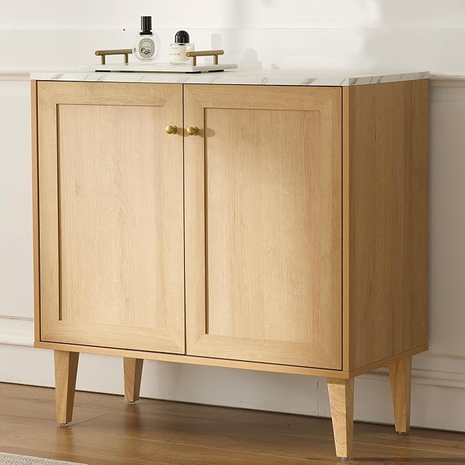 Modern Storage Cabinet Freestanding Accent Cabinet Sideboard Buffet with Faux Marble Top & Adjustable Shelves Wooden Organizer for Dining Room, Living Room Entryway Natural Oak
