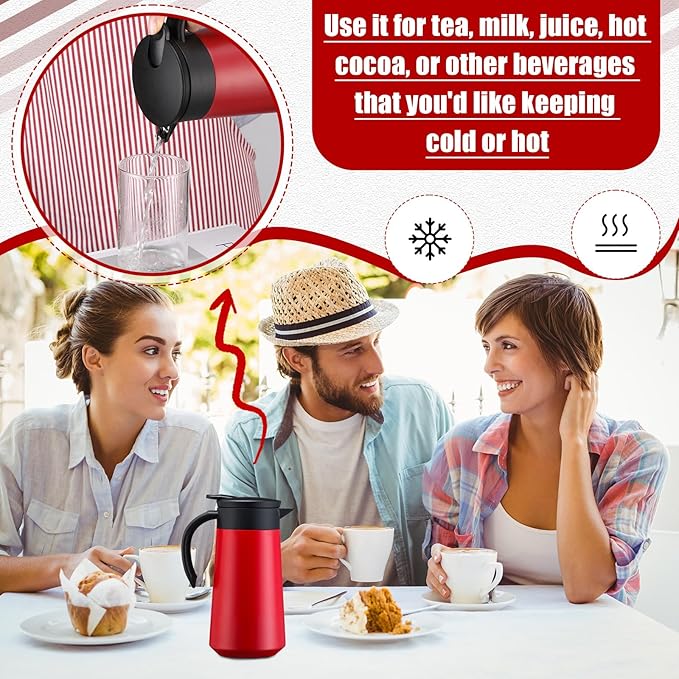 2 Pcs 27oz Thermal Coffee Carafe Stainless Steel Coffee Pot for Keeping Hot/cold Insulated Double Walled Vacuum Tea Pot with Press Button Drink Beverage Dispenser for Milk Tea (Red)