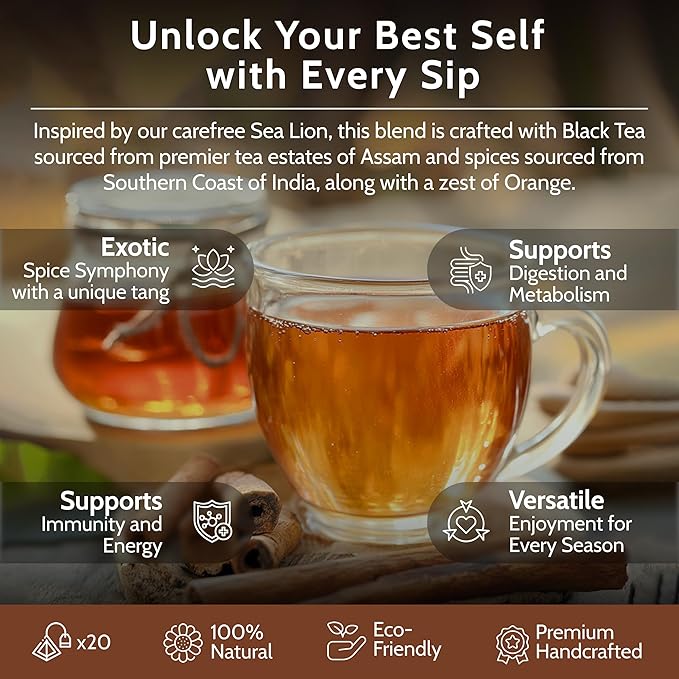 Blooms & Leopard Premium Tea Duo | Sea Lion’s Spiced Black Tea (Cardamom, Clove, Cinnamon, Ginger & Pepper) + Hummingbird’s Holiday Herbal Tea (Chamomile, Lavender, Rose & Valerian) | Wellness & Relax