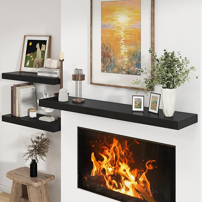 12 Inch Deep Floating Shelves | 55 Inch Black Floating Shelves | 55" W x 12" D Rustic Wood Shelves for Wall | Deep Black Shelves for Living Room Bathroom Laundry Room Kitchen