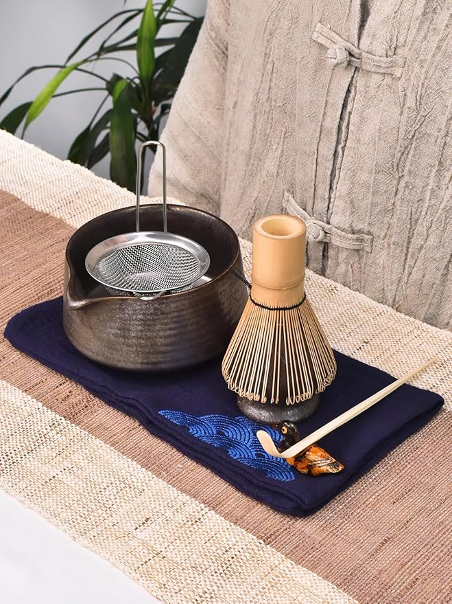 Artcome Matcha Tool Set - Complete Kit with Matcha Bowl with Spout, Bamboo Whisk, Tea Scoop, Whisk Holder, Scoop Holder, Tea Cloth & Powder Strainer, Antique Finish