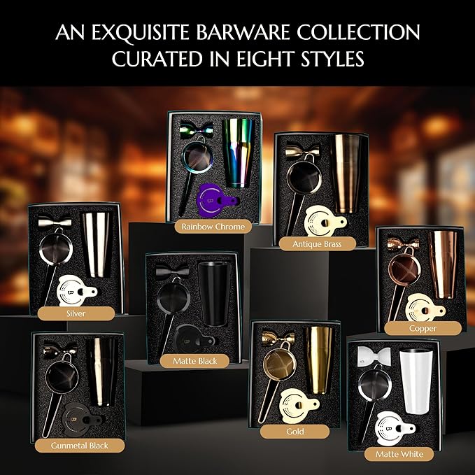 5 Piece Cocktail Kit by Bull In China - Premium Bartender Gift Set Includes Weighted 2 Piece Boston Shaker, Hammered Bell Jigger, Hawthorne Strainer & Fine Mesh Strainer (Gunmetal Black)