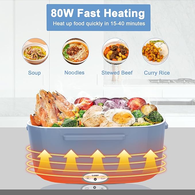 Electric Heated Lunch Boxes Adults: 80W Electric Lunch Box Food Heated 12/24/110V 1.5L Heatable Lunch Box for Car/Truck/Office Leak-Proof Stainless Steel Container,Fork & Spoon,Bag (Light Blue+White)