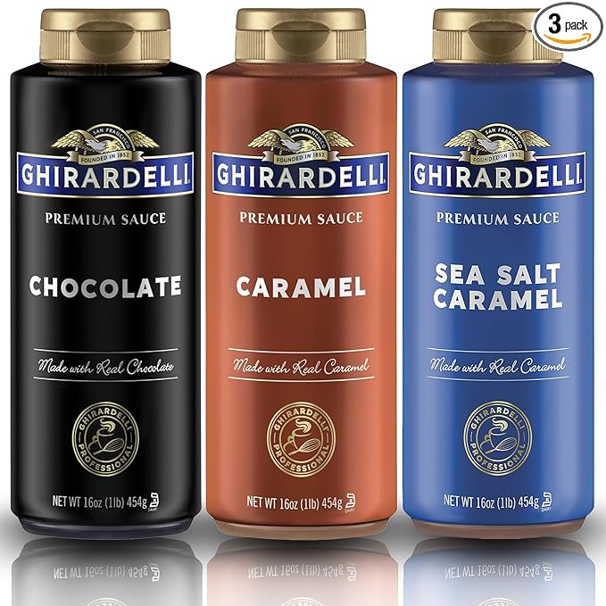 Ghirardelli Flavored Sauce Variety Pack | 16 oz Bottles (Pack of 3) | Chocolate, Caramel, and Sea Salt Caramel Dessert Toppings for Coffee, Ice Cream, and Baking Recipes
