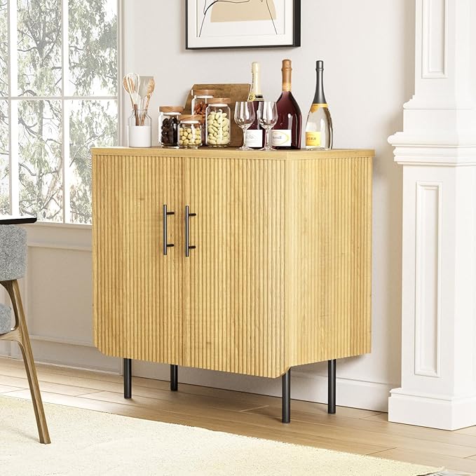 Vabches Fluted Natural Storage Cabinet, 2 Doors Modern Sideboard Buffet Cabinet with Adjustable Shelves and Metal Leg, Accent Cabinet for Living Room, Dining Room, Entryway (Natural & Black)