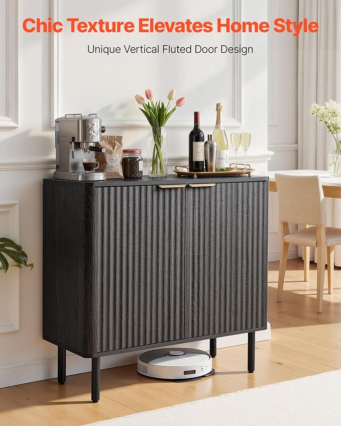 VEVOR Buffet Cabinet, Sideboard Cabinet with 2-Tier Storage, Coffee Bar Cabinet with Adjustable Shelves, Fluted Sideboard Buffet for Hallway, Entryway, Living Room, or Kitchen, Black