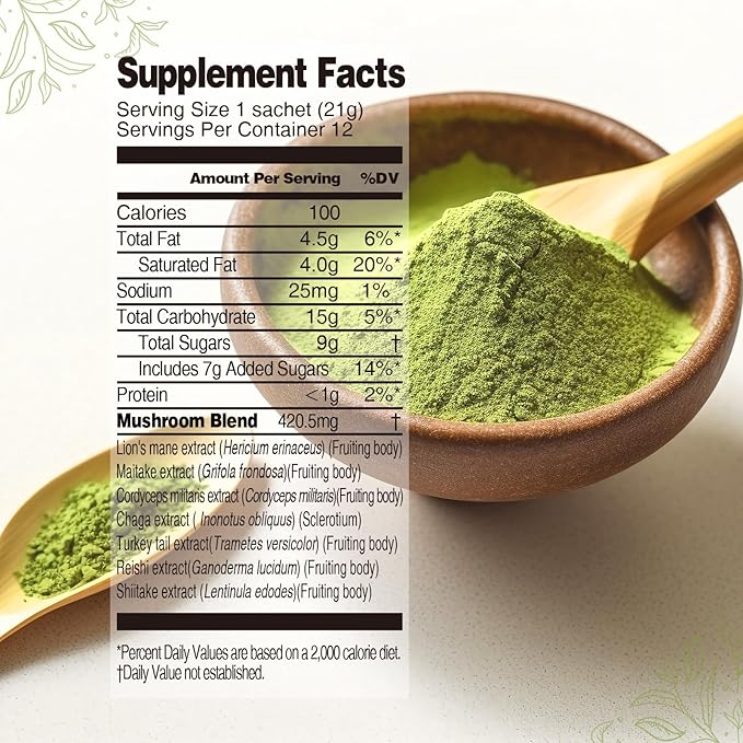 Mushroom Matcha Powder Latte Mix, 7.4 Ounce, 7 Superfood Mushrooms with 25% Beta-Glucans, Lions Mane, Reishi, Chaga, Coconut Powder, Ceremonial Grade Matcha Tea