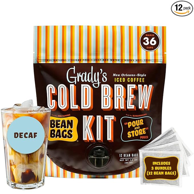 GRADY’S COLD BREW, New Orleans Style - DECAF, 100% Arabica Ground Coffee & Chicory Pouches, All-in-One Cold Brew Kit with 12 Easy-to-Brew Beans Bags, Makes 36 drinks