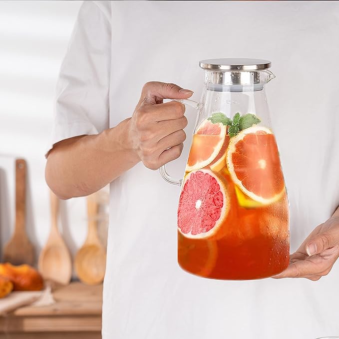 3 Quart Glass Pitcher with Lid,96 oz -Iced Tea Pitcher, Juice, Milk, Coffee, Lemonade - Borosilicate Boiling Glassware - Hot & Cold Beverages Christmas Gift,New Year Gift