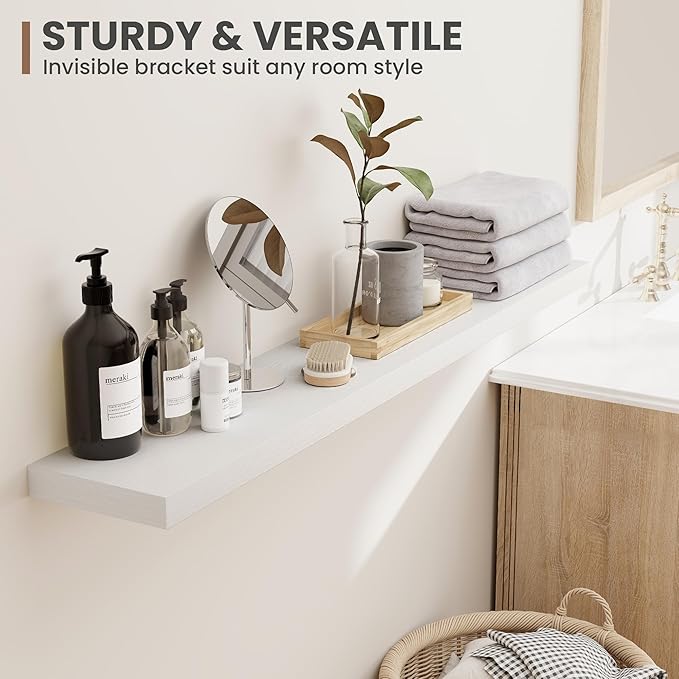 16 Inch Floating Shelves, 8 Inch Deep Floating Shelves for Wall, Hanging Shelf with Invisible Brackets, Deep Shelves for Bathroom, Bedroom, Living Room, White, Set of 2