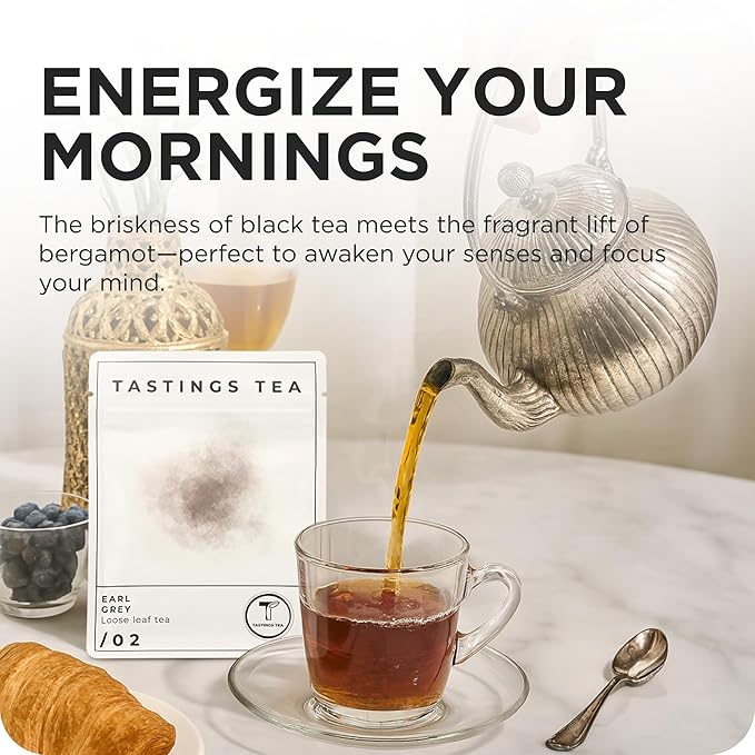 Tastings Tea Earl Grey - 3.5 oz. Loose-Leaf Blend | Assam & Nilgiri Tea Leaves with Bergamot Oil | Caffeinated for Morning Rituals | Holistic Wellbeing