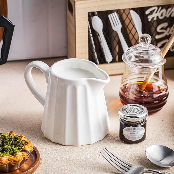 Ceramic Creamer Pitcher,17 Oz Coffee Creamer Container with Handle, Small Milk Pitcher Pourer for Sauces, Salad, White