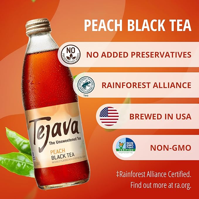 Tejava Peach Black Iced Tea, 12 Pack, 12oz Glass Bottles, Unsweetened, Non-GMO, Kosher, No Sugar or Sweeteners, No calories, No Preservatives, Brewed in Small Batches