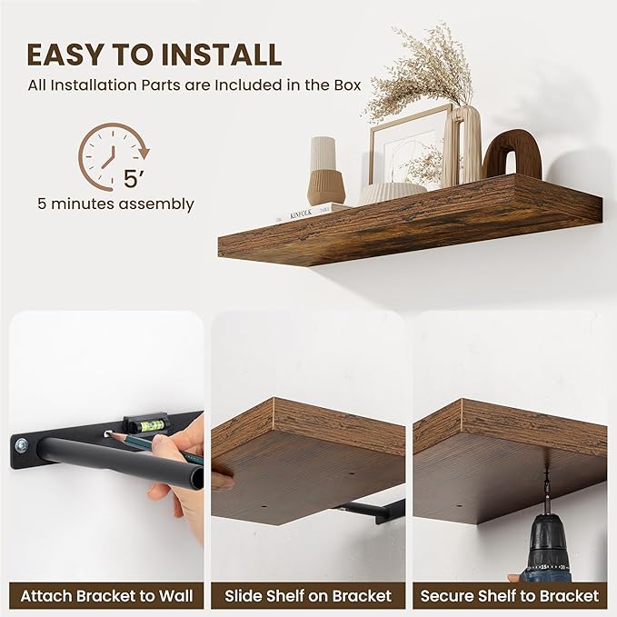 Fun Memories Floating Shelves for Wall - 10 x 16 Floating Shelf - Rustic Wood Storage Shelf - Wall Shelves with Invisible Bracket - 16" Bookshelves for Living Room & Bedroom - Rustic Brown - Set of 2