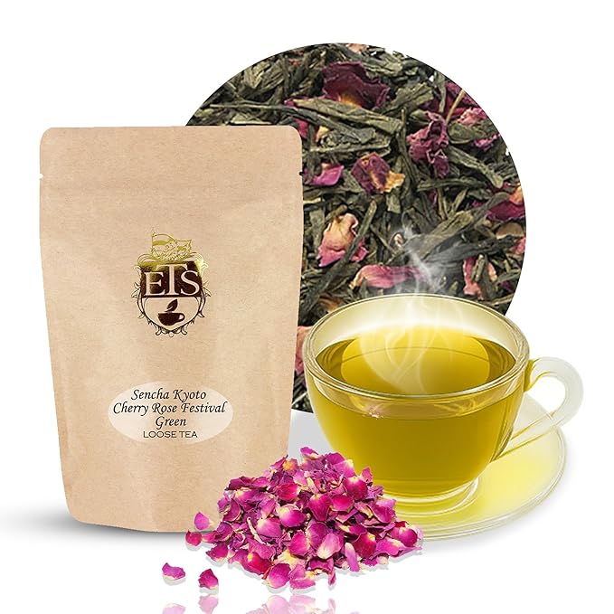 Sencha Kyoto Cherry Rose Festival Green Tea | Loose Leaf Japanese Style Green Tea with Sweet Cherry and Rose Flavor | 16oz Pouch | Great Hot or Iced | Steamed Sencha Tea | English Tea Store