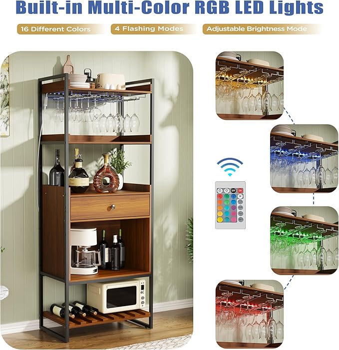 Wine Bar Cabinet with LED Lights, Industrial 67" Tall Coffee Bar with Glass Rack, Liquor Cabinet Wine Rack Storage Metal Wood Sideboard Buffet for Home Dining Living Room, Brown