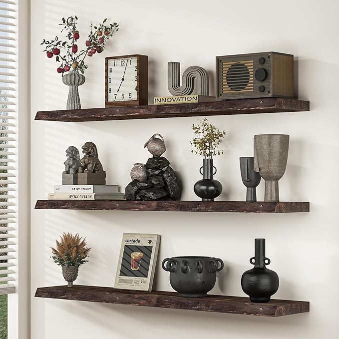Fun Memories Floating Shelves for Wall Decor, Rustic Solid Elm Wood Live Edge Floating Shelves Wall Mounted, Heavy-Duty Shelf with Invisible Bracket for Living Room Kitchen, 55 Inch Set of 1, Walnut