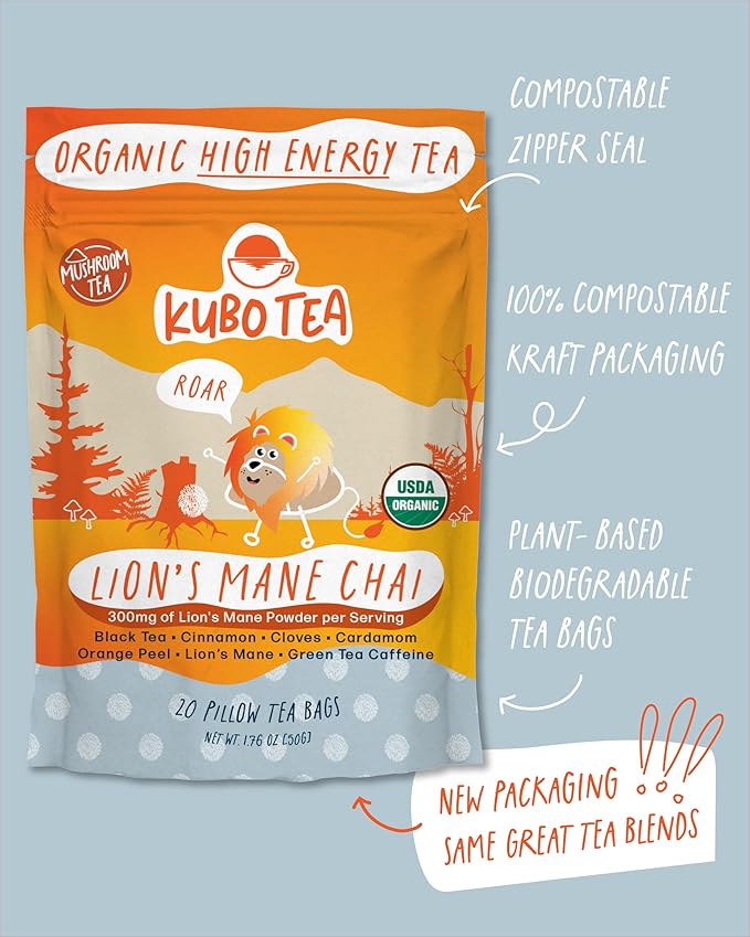High Caffeine Mushroom Tea (155 mg) – Kubo Tea: Organic Lion’s Mane Chai Black Tea Bags for Clean Energy & Focus | Healthy Coffee Substitute | Mushroom-Infused Blend | 20 Ct | Compostable Packaging