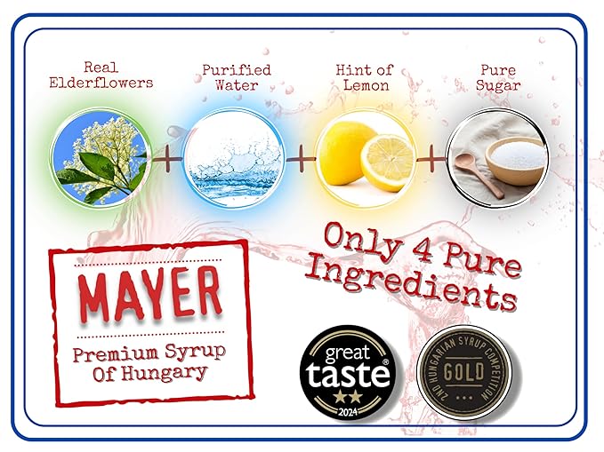 Mayer Hungarian Elderflower Syrup - Award - Winning, Only Real Elderflowers and 3 Natural Ingredients, Vegan, Gluten Free, Perfect for Cocktails, Lemonades, Coffee, Desserts - No Artificial Additives, Rich Authentic Flavor ( 1 Pack )