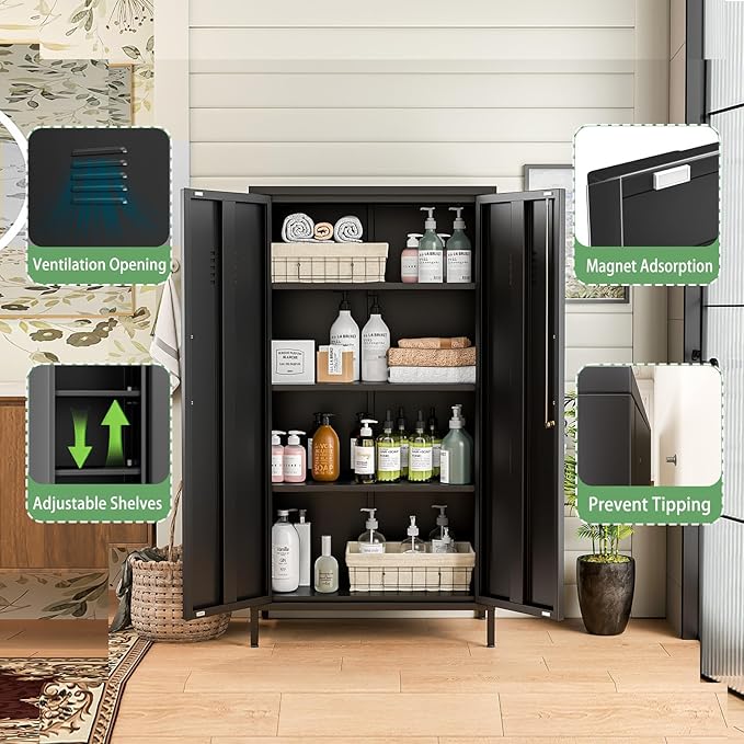 Narrow Storage Cabinet 51.18" H Bathroom Cabinet Metal Pantry Cabinets, 3 Adjustable Shelves for Kitchen, Home Office, Living Room, Dinning Room (30 inches Wide Black)