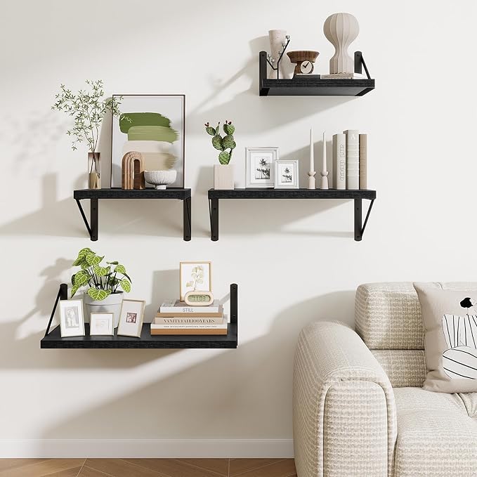 Deep Wall Shelves 30"W x 12"D Engineered Wood Floating Shelves for Wall, Sturdy Metal Bracket Bookshelves Home Decor Storage for Living Room Bedroom Bathroom Kitchen, Set of 2, Black Finish